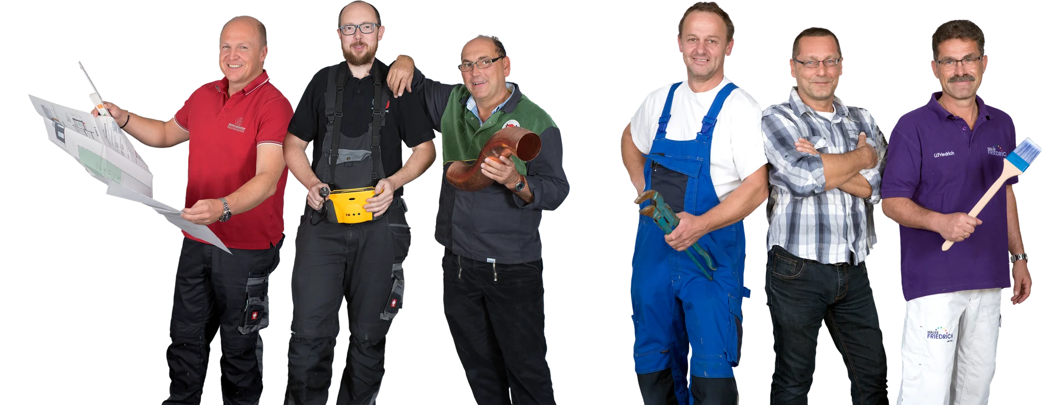 Sechs Handwerker der HarmonieBau nebeneinander, mit Bauplan, Bohrmaschine, Rohrstück, Rohrzange und Pinsel